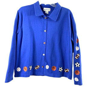 Vintage Bellpointe Jacket Womens Large Blue Knit Embroidered Sports Balls Button